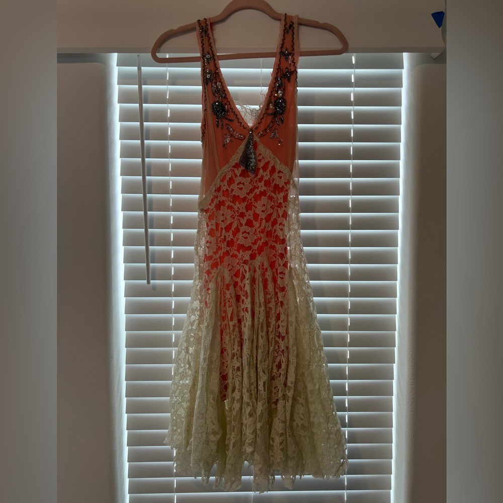 Free People Orange and Cream Lace Midi Dress with Embellished Bodice